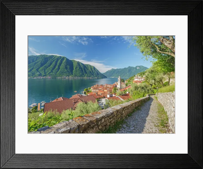 Framed Print : Sala Comacina town and lake Como from Greenway del Lago di Como path, Como province, Lombardy, Italy