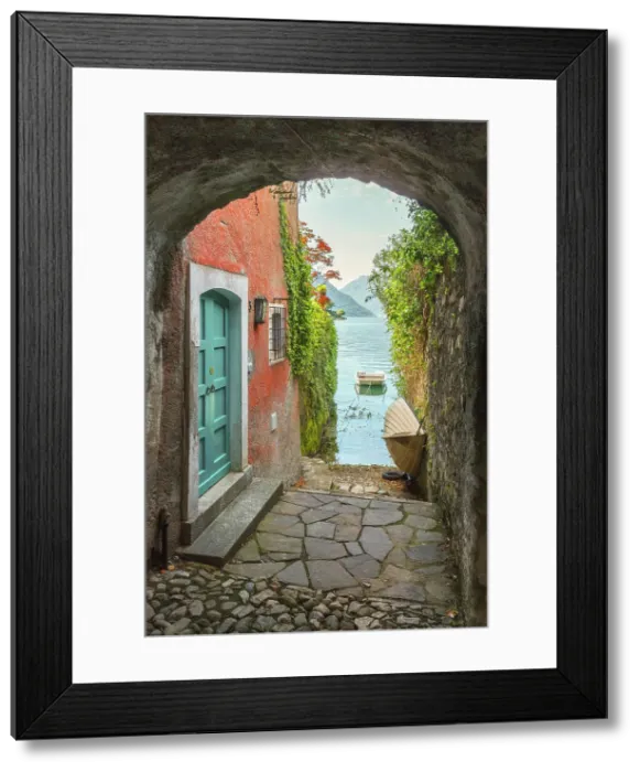 Framed Print : Glimpse of lake Como from Greenway del Lago di Como path, Lenno, Tremezzina, Como province, Lombardy, Italy