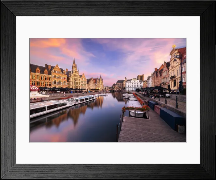 Framed Print : Graslei along Lys river with Guil Houses during dusk, Ghent, East Flanders, Belgium
