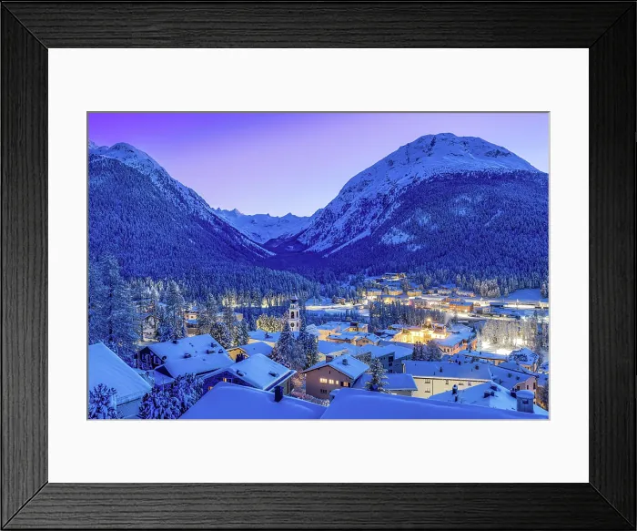Framed Print : Pontresina village during twilight. Engadine valley, Graubunden Canton, Switzerland Framed Print : Pontresina village during twilight. Engadine valley, Graubunden Canton, Switzerland