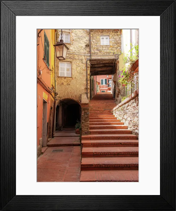 Framed Print : Stairs in the old town of Montemarcello, Ameglia, La Spezia province, Liguria, Italy
