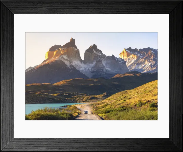 Framed Print : Torres del Paine NP unpaved road with Cuernos del Paine in the background, Ultima Esperanza, Region de Magallanes y de la Antartica Chilena, Patagonia, Chile Framed Print : Torres del Paine NP unpaved road with Cuernos del Paine in the background, Ultima Esperanza, Region de Magallanes y de la Antartica Chilena, Patagonia, Chile
