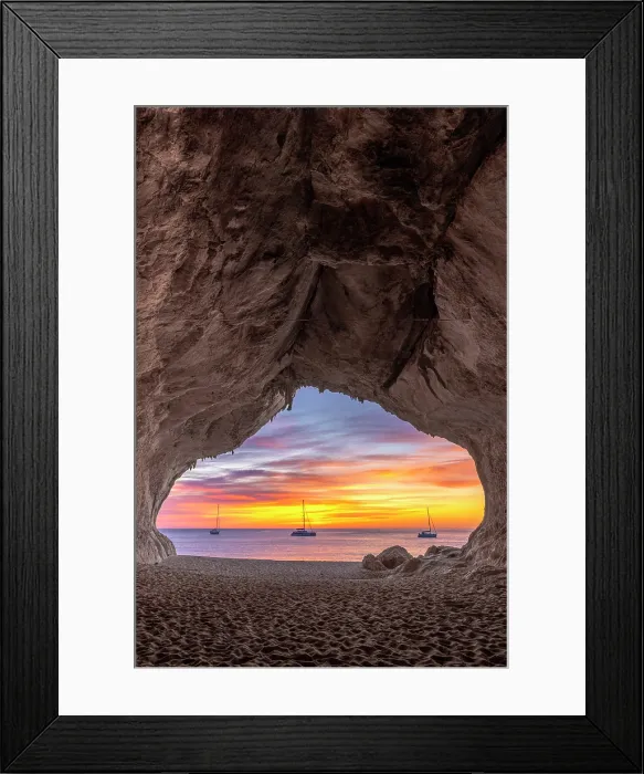 Framed Print : Colors of the sunrise inside the sea cave on the beach of Cala Luna, Baunei, Ogliastra province, Sardinia, Italy