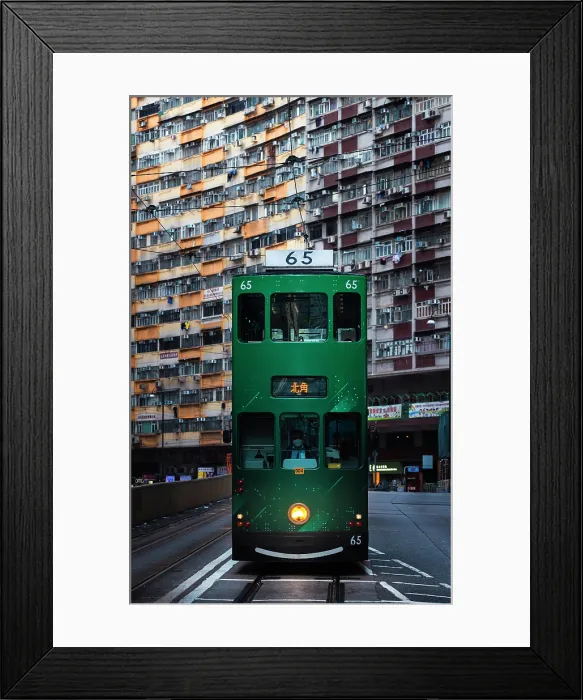 Framed Print : Green tram and Nam Tin building, North Point. Hong Kong, China Framed Print : Green tram and Nam Tin building, North Point. Hong Kong, China