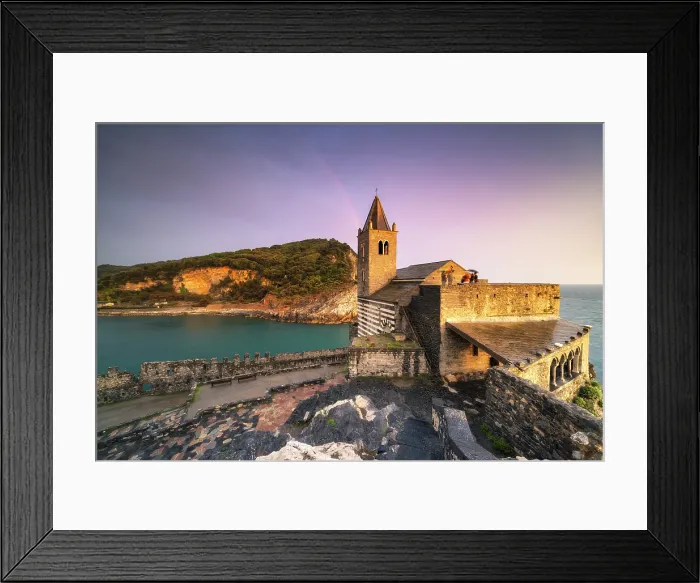 Framed Print : Sunset with rainbow on the San Pietro Church, municipality of Portovenere, La Spezia province, Liguria, Italy Framed Print : Sunset with rainbow on the San Pietro Church, municipality of Portovenere, La Spezia province, Liguria, Italy