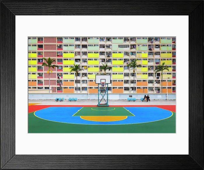 Framed Print : Choi Hung Estate rooftop basketball court and rainbow buildings, Ngau Chi Wan, Kowloon, Hong Kong, China