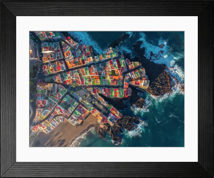 Framed Print : Colorful houses in Punta Brava with Teide in the background, Puerto de La Cruz, Tenerife, Canary Islands, Spain Framed Print : Colorful houses in Punta Brava with Teide in the background, Puerto de La Cruz, Tenerife, Canary Islands, Spain