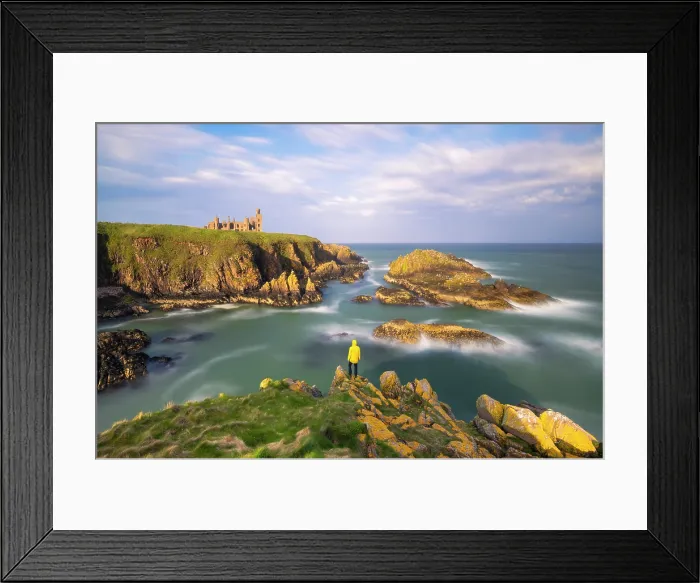 Framed Print : A tpurist observes Slains Castle at sunset, Cruden Bay, Aberdeenshire, Scotland, United Kingdom Framed Print : A tpurist observes Slains Castle at sunset, Cruden Bay, Aberdeenshire, Scotland, United Kingdom