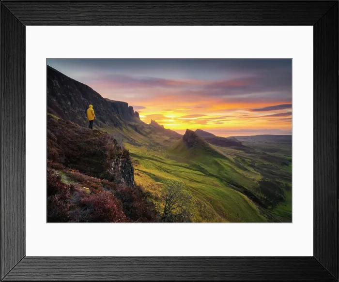 Framed Print : Tourist observes mountains and sunrise from Quiraing viewpoint, Isle of Skye, Inner Hebrides, Highlands, Scotland, United Kingdom (MR) Framed Print : Tourist observes mountains and sunrise from Quiraing viewpoint, Isle of Skye, Inner Hebrides, Highlands, Scotland, United Kingdom (MR)