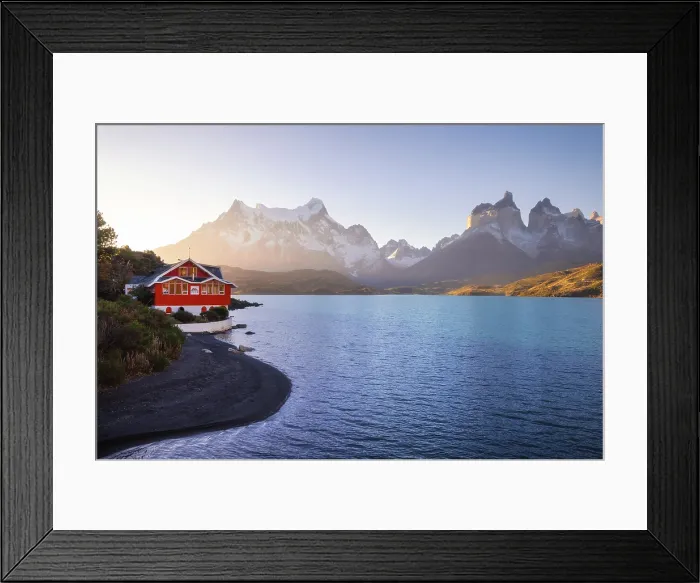 Framed Print : Lake Pehoe and Hosteria Pehoe with Mountains in the background, Torres del Paine NP, Ultima Esperanza, Region de Magallanes y de la Antartica Chilena, Patagonia, Chile