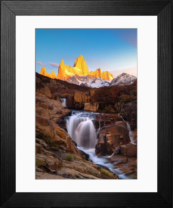Framed Print : Escondida waterfall and Fitz Roy mountain in the background, El Chalten, Parque Nacional Los Glaciares, Santa Cruz, Patagonia, Argentina Framed Print : Escondida waterfall and Fitz Roy mountain in the background, El Chalten, Parque Nacional Los Glaciares, Santa Cruz, Patagonia, Argentina