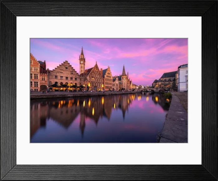 Framed Print : Graslei along Lys river with Guil Houses during dusk, Ghent, East Flanders, Belgium