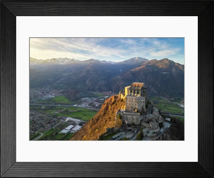 Framed Print : monastery called Sacra di San Michele, symbol of Piedmont region, located on the mount Pirchiriano, Sant'Ambrogio di Torino, Val di Susa, Torino district, Piedmont, Italy