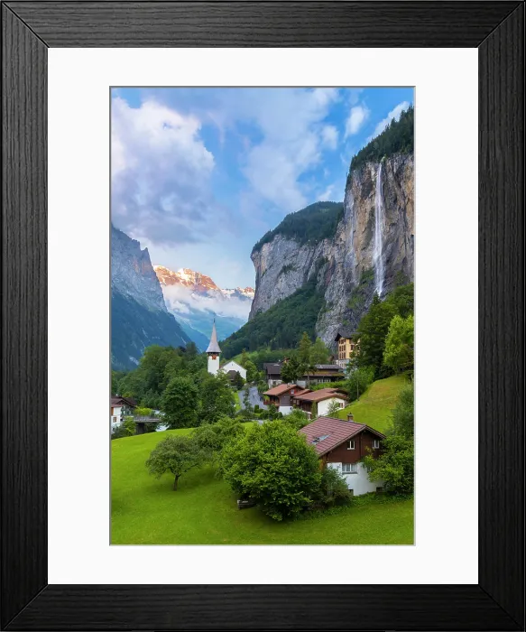 Framed Print : Church and Staubbach waterfall, Lauterbrunnen, Canton of Bern, Switzerland Framed Print : Church and Staubbach waterfall, Lauterbrunnen, Canton of Bern, Switzerland