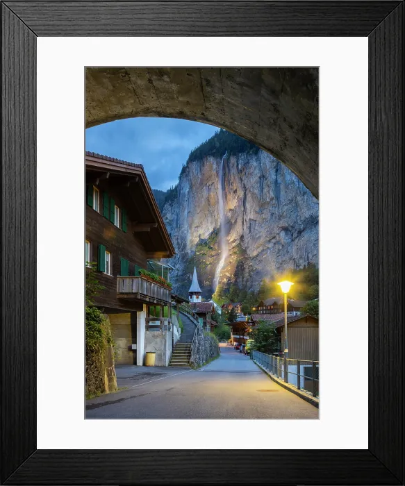 Framed Print : Church and Staubbach waterfall, Lauterbrunnen, Canton of Bern, Switzerland Framed Print : Church and Staubbach waterfall, Lauterbrunnen, Canton of Bern, Switzerland