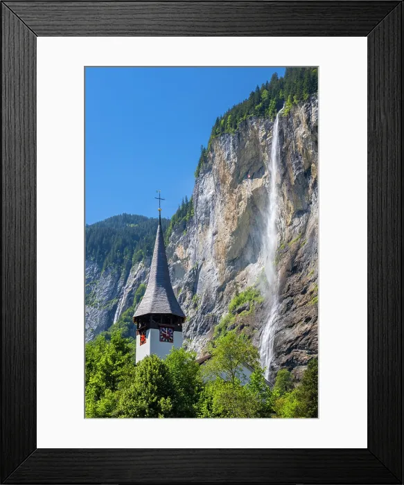 Framed Print : Church and Staubbach waterfall, Lauterbrunnen, Canton of Bern, Switzerland Framed Print : Church and Staubbach waterfall, Lauterbrunnen, Canton of Bern, Switzerland