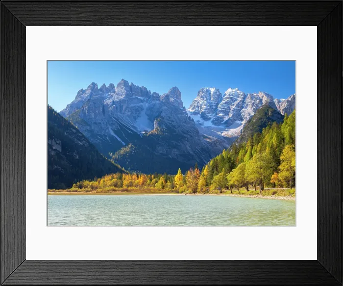 Framed Print : Dobbiaco Lake in autumn with mount Nasswand in the background. Dobbiaco / Toblach, province of Bolzano, South Tyrol, Italy