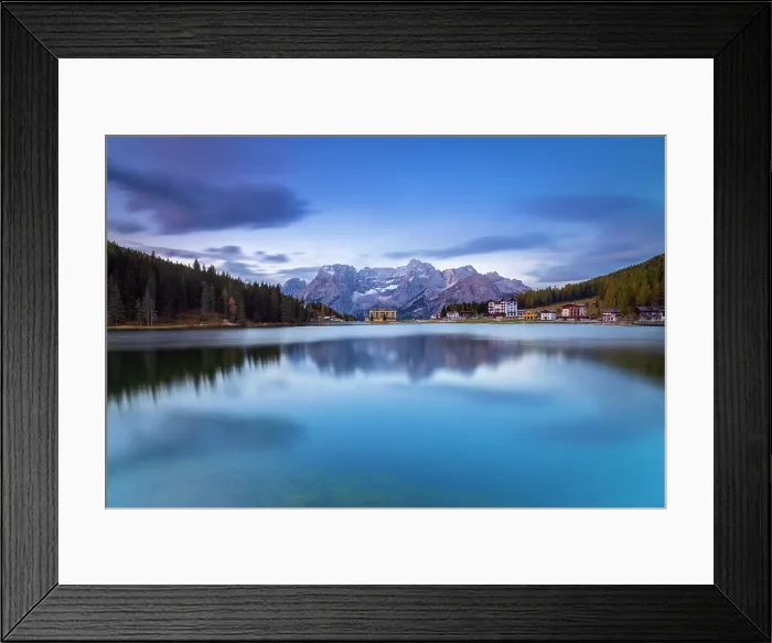 Framed Print : Misurina Lake with Sorapis mountain group behind in autumn. Dolomites, Auronzo di Cadore, Belluno, Veneto, Italy