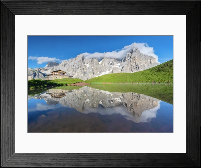 Framed Print : Baita Segantini refuge and Pale di San Martino in Dolomites. Trento province, Trentino Alto Adige, Italy Framed Print : Baita Segantini refuge and Pale di San Martino in Dolomites. Trento province, Trentino Alto Adige, Italy