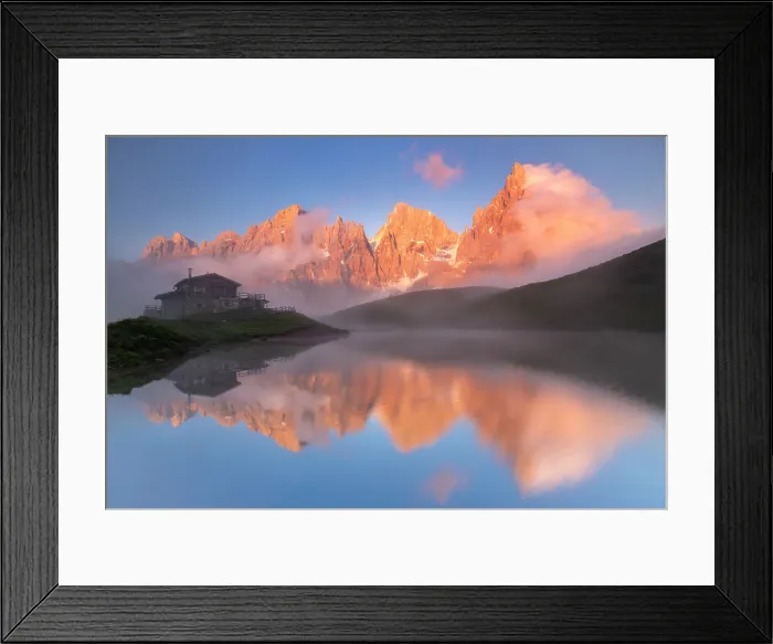 Framed Print : Baita Segantini refuge and Pale di San Martino at sunset in Dolomites. Trento province, Trentino Alto Adige, Italy Framed Print : Baita Segantini refuge and Pale di San Martino at sunset in Dolomites. Trento province, Trentino Alto Adige, Italy