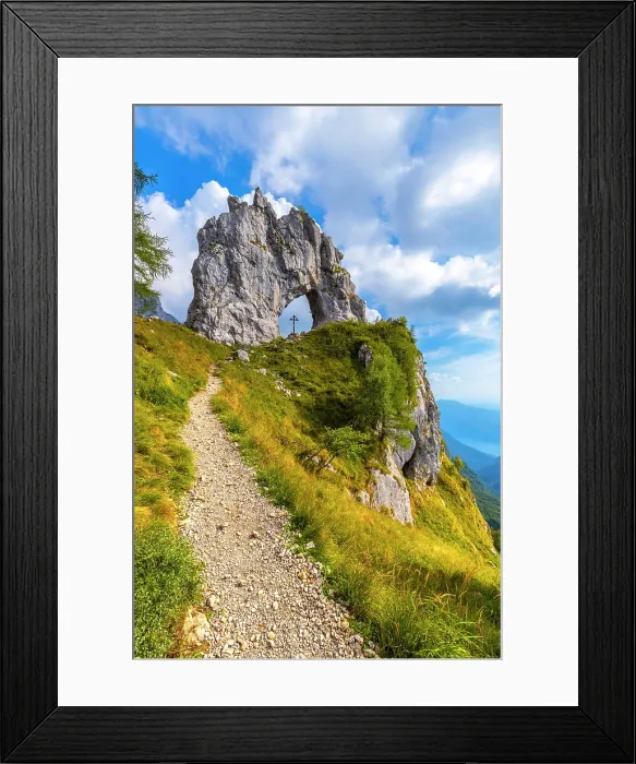 Framed Print : natural arch rock formation called Porta di Prada in the Grigna mountain. Grigna Settentrionale, Mandello del Lario, Lombardy, Italy