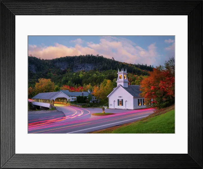 Framed Print : White-steeple Church and covered bridge in autumn, Stark, New Hampshire, USA