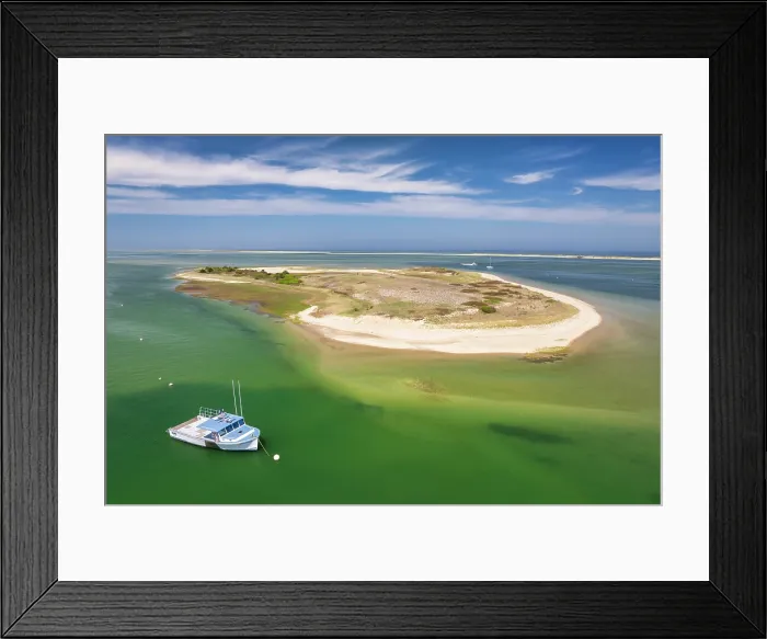 Framed Print : Aerial view of Tern Island with fishing boat, Cape Cod, Chatham, Massachusetts, USA Framed Print : Aerial view of Tern Island with fishing boat, Cape Cod, Chatham, Massachusetts, USA