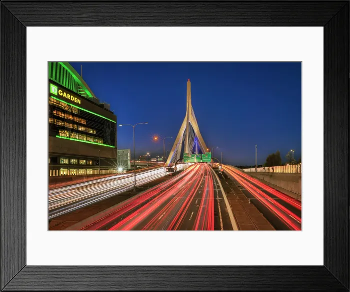 Framed Print : Leonard P. Zakim Bunker Hill Memorial Bridge near Boston Garden at dusk with light streaks, Boston, Massachusetts, USA Framed Print : Leonard P. Zakim Bunker Hill Memorial Bridge near Boston Garden at dusk with light streaks, Boston, Massachusetts, USA