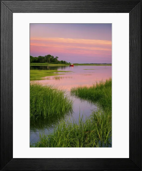 Framed Print : Tidal channel with little red boat at sunset, Cape Cod, Mill Creek, Massachustts, USA Framed Print : Tidal channel with little red boat at sunset, Cape Cod, Mill Creek, Massachustts, USA
