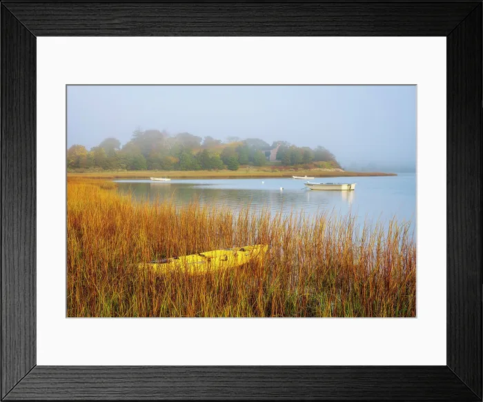 Framed Print : Foggy morning with yellow kayak at a Cape Cod marsh in autumn, Massachusetts, USA Framed Print : Foggy morning with yellow kayak at a Cape Cod marsh in autumn, Massachusetts, USA