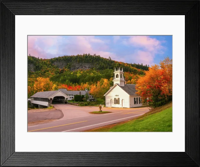 Framed Print : White-stepple hurch and covered bridge in autumn, Stark, New Hampshire, USA Framed Print : White-stepple hurch and covered bridge in autumn, Stark, New Hampshire, USA