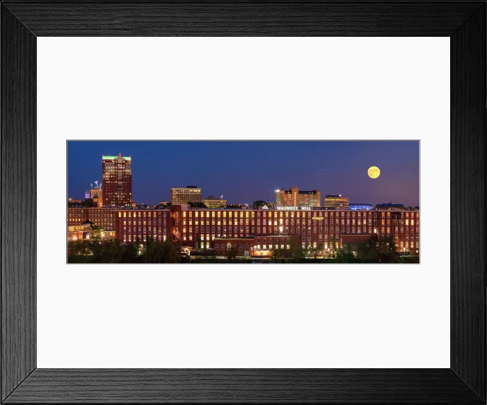 Framed Print : Moon rising over milltown on the Merrimack River, Manchester, New Hampshire, USA Framed Print : Moon rising over milltown on the Merrimack River, Manchester, New Hampshire, USA