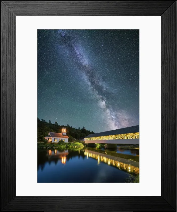 Framed Print : White-stepple hurch and covered bridge under Milky Way, Stark, New Hampshire, USA Framed Print : White-stepple hurch and covered bridge under Milky Way, Stark, New Hampshire, USA