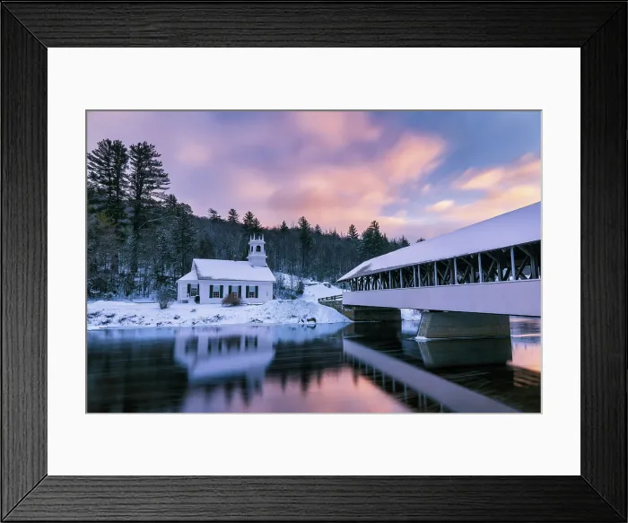 Framed Print : White-steeple church and covered bridge in snow, Stark, New Hampshire, USA Framed Print : White-steeple church and covered bridge in snow, Stark, New Hampshire, USA