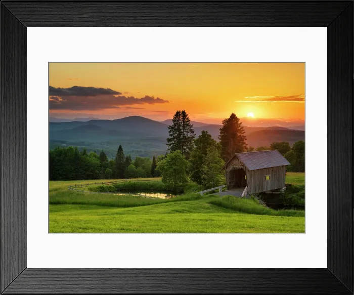 Framed Print : Sunset over the A.M. Foster Bridge, Green Mountains, Cabot, Vermont, USA