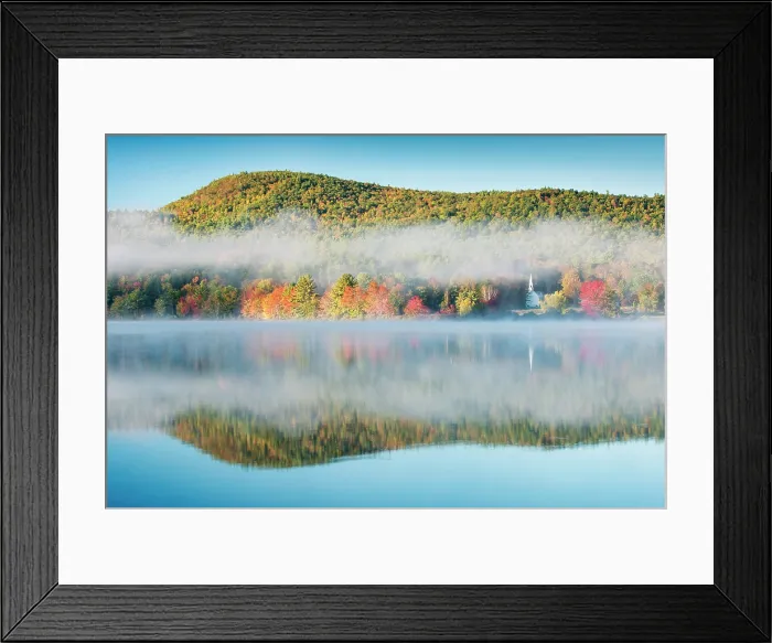 Framed Print : Sunrise reflection on Crystal Lake with fog and white chapel, White Mountain National Forest, Eaton, New Hampshire, USA Framed Print : Sunrise reflection on Crystal Lake with fog and white chapel, White Mountain National Forest, Eaton, New Hampshire, USA