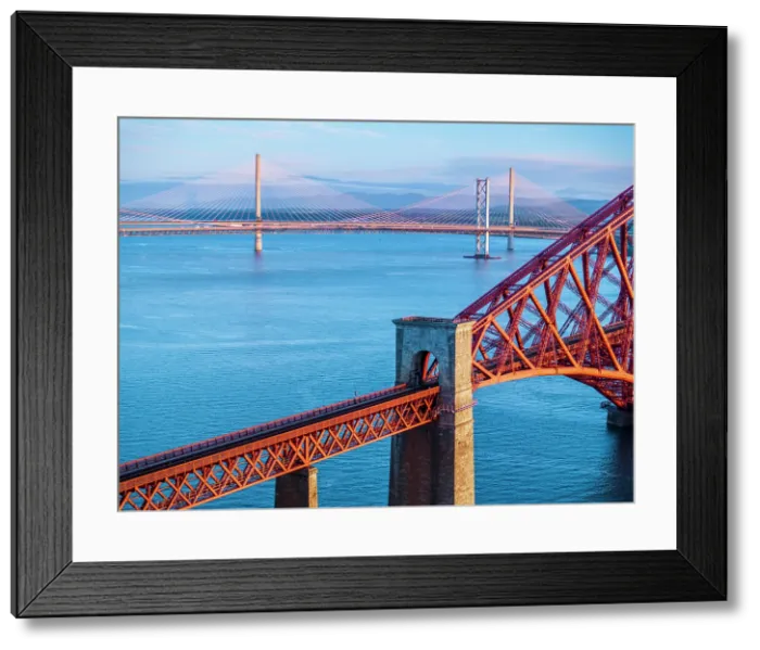Framed Print : UK, Scotland, Lothian, Near Edinburgh, Queensferry, Forth Bridge with Forth Road Bridge and Queensferry Crossing Bridge beyond Framed Print : UK, Scotland, Lothian, Near Edinburgh, Queensferry, Forth Bridge with Forth Road Bridge and Queensferry Crossing Bridge beyond
