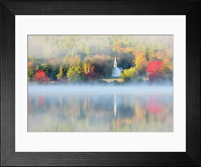 Framed Print : Sunrise reflection on Crystal Lake with fog and white chapel, White Mountain National Forest, Eaton, New Hampshire, USA