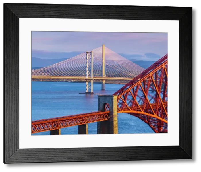 Framed Print : UK, Scotland, Lothian, Near Edinburgh, Queensferry, Forth Bridge with Forth Road Bridge and Queensferry Crossing Bridge beyond