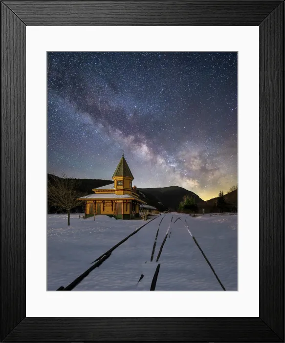 Framed Print : Crawford Notch Depot under Milky Way and snow, White Mountain National Forest, Carroll, New Hampshire, USa
