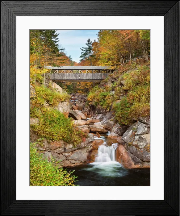 Framed Print : Sentinel Pine Covered Bridge in autumn, The Flume, White Mountain National Forest, Franconia Notch State Park, New Hampshire, USA Framed Print : Sentinel Pine Covered Bridge in autumn, The Flume, White Mountain National Forest, Franconia Notch State Park, New Hampshire, USA