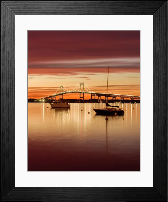 Framed Print : Sunset over the Clairborne Pell Bridge in Narragansett Bay with boats, Newport, Rhode Island, USA Framed Print : Sunset over the Clairborne Pell Bridge in Narragansett Bay with boats, Newport, Rhode Island, USA