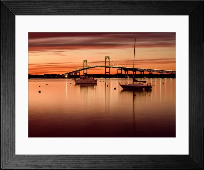 Framed Print : Sunset over the Clairborne Pell Bridge in Narragansett Bay with boats, Newport, Rhode Island, USA