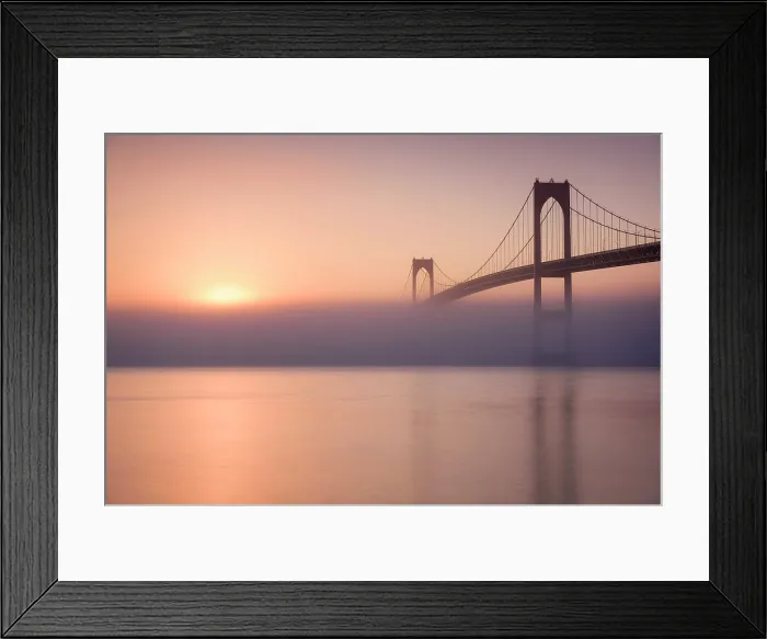 Framed Print : Clairborne Pell Bridge in fog at sunrise, Narragansett Bay, Jamestown, Rhode Island, USA Framed Print : Clairborne Pell Bridge in fog at sunrise, Narragansett Bay, Jamestown, Rhode Island, USA