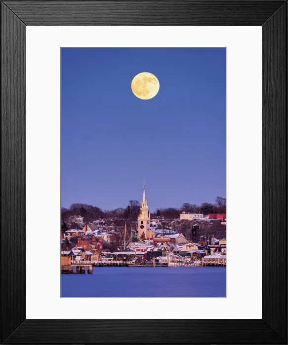 Framed Print : Cold moon rising over downtown Newport, Rhode Island, USA Framed Print : Cold moon rising over downtown Newport, Rhode Island, USA