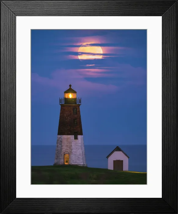 Framed Print : Super blue moon over Point Judith Lighthouse, Narragansett Bay, Point Judith, Rhode Island, USA
