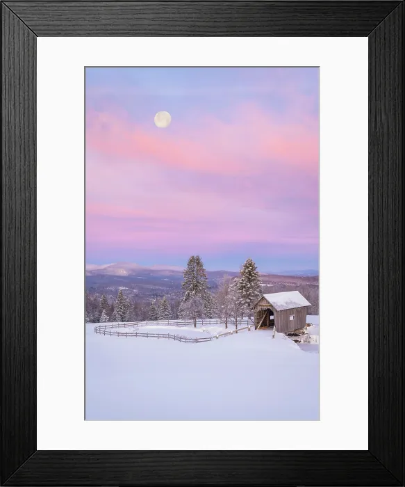 Framed Print : Winter sunrise over the A.M. Foster Bridge with rising moon, Green Mountains, Cabot, Vermont, USA Framed Print : Winter sunrise over the A.M. Foster Bridge with rising moon, Green Mountains, Cabot, Vermont, USA