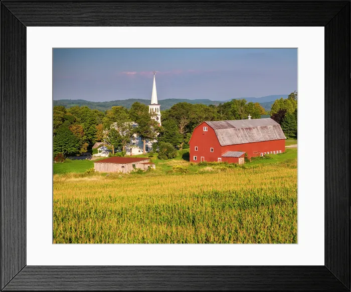 Framed Print : Red barn and white-steeple church with corn field, Peacham, Vermont, USA Framed Print : Red barn and white-steeple church with corn field, Peacham, Vermont, USA