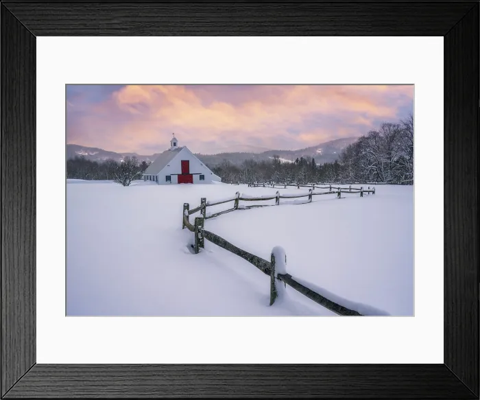 Framed Print : Winter sunset over white barn and farmer fence, Green Mountains, Warren, Vermont, USA Framed Print : Winter sunset over white barn and farmer fence, Green Mountains, Warren, Vermont, USA