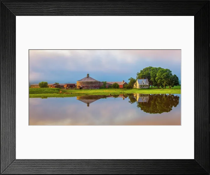 Framed Print : Round barn and farm reflection at sunrise, Bradford, Vermont, USA Framed Print : Round barn and farm reflection at sunrise, Bradford, Vermont, USA